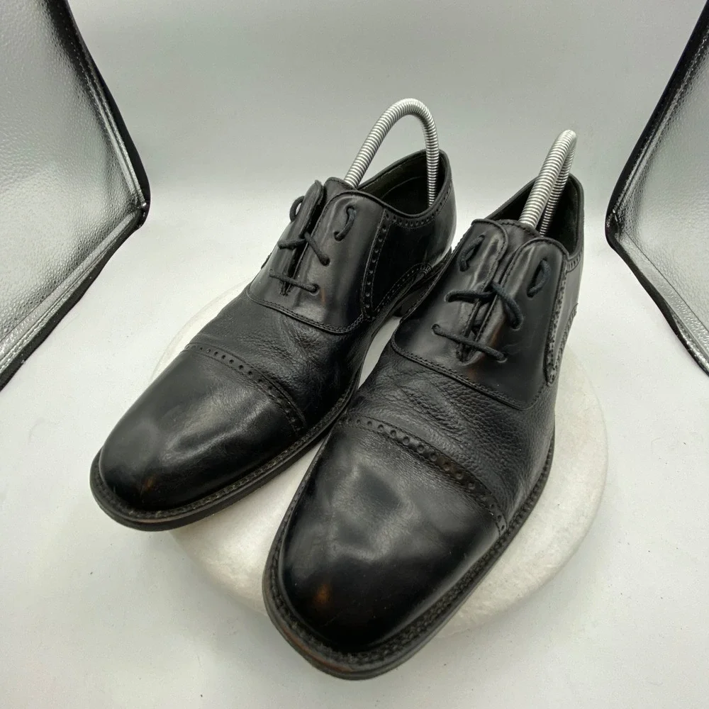 Johnston & Murphy Mens 10.5 D Oxford Shoes Black Leather Cap Toe Brogue 18467